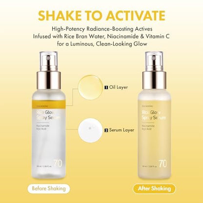 TOSOWOONG Rice Glow Spray Serum – 70 % Reisschalenwasser, Vitamin C, Kojisäure, Glutathion, Hyaluronsäure, PDRN – Feuchtigkeitsspendender All-in-One-Gesichtsspray für Glasglanz-Haut (100 ml)