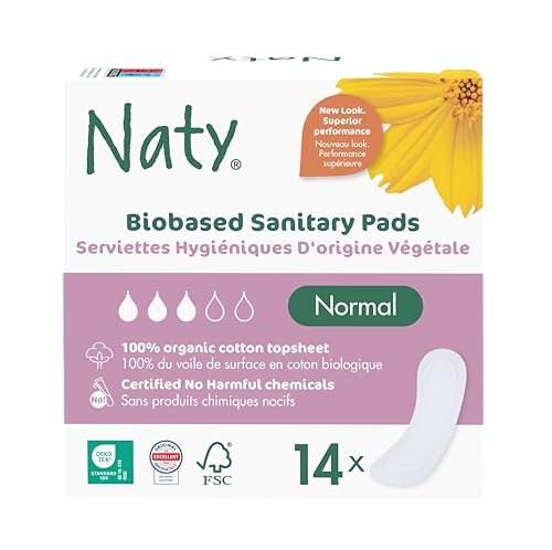 Naty Bio Normal Damenbinden ohne Flügel – 100% zertifizierte Bio-Baumwoll-Auflage, hautfreundlich, ohne Parfüm, 0% konventionelles Plastik, saugstarker Schutz, 14 Stück