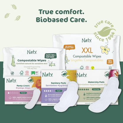 Naty Bio Normal Damenbinden ohne Flügel – 100% zertifizierte Bio-Baumwoll-Auflage, hautfreundlich, ohne Parfüm, 0% konventionelles Plastik, saugstarker Schutz, 14 Stück