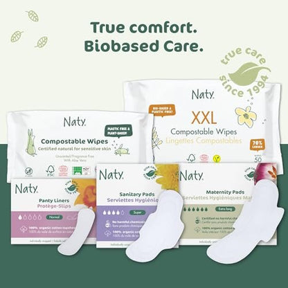Naty Bio Normal Damenbinden ohne Flügel – 100% zertifizierte Bio-Baumwoll-Auflage, hautfreundlich, ohne Parfüm, 0% konventionelles Plastik, saugstarker Schutz, 14 Stück