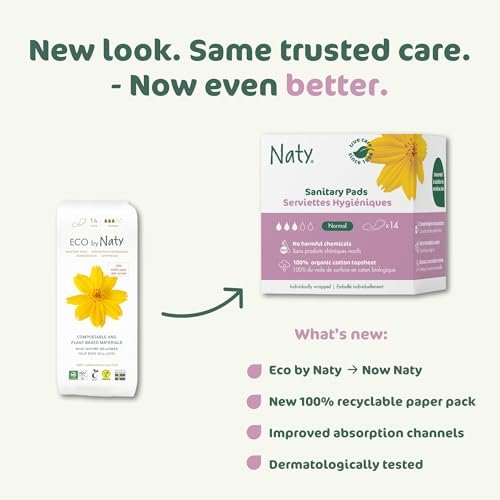 Naty Bio Normal Damenbinden ohne Flügel – 100% zertifizierte Bio-Baumwoll-Auflage, hautfreundlich, ohne Parfüm, 0% konventionelles Plastik, saugstarker Schutz, 14 Stück