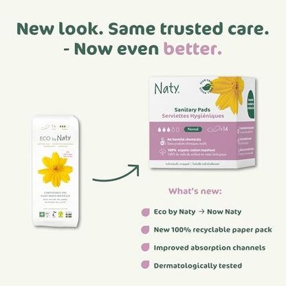 Naty Bio Normal Damenbinden ohne Flügel – 100% zertifizierte Bio-Baumwoll-Auflage, hautfreundlich, ohne Parfüm, 0% konventionelles Plastik, saugstarker Schutz, 14 Stück