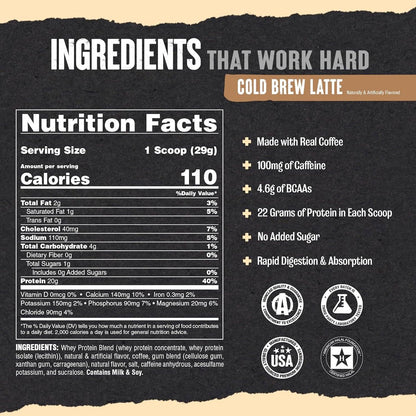 Animal 100% Whey Protein Proben & 25oz BPA-freier Shaker – Instant Eiskaffee Whey mit 20g Protein, 120mg Koffein, Mahlzeitenersatz mit BCAA – Cold Brew Latte, 3 Einzelportionen