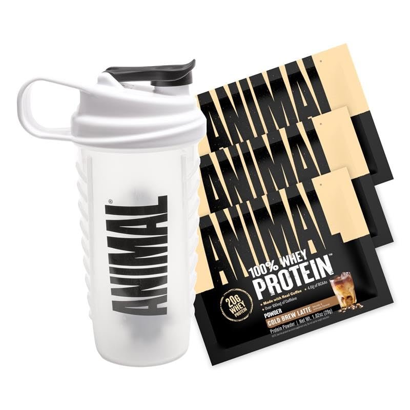 Animal 100% Whey Protein Proben & 25oz BPA-freier Shaker – Instant Eiskaffee Whey mit 20g Protein, 120mg Koffein, Mahlzeitenersatz mit BCAA – Cold Brew Latte, 3 Einzelportionen