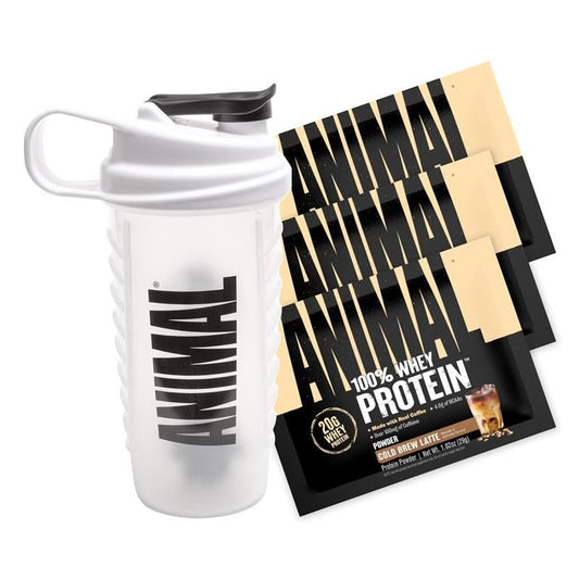Animal 100% Whey Protein Proben & 25oz BPA-freier Shaker – Instant Eiskaffee Whey mit 20g Protein, 120mg Koffein, Mahlzeitenersatz mit BCAA – Cold Brew Latte, 3 Einzelportionen