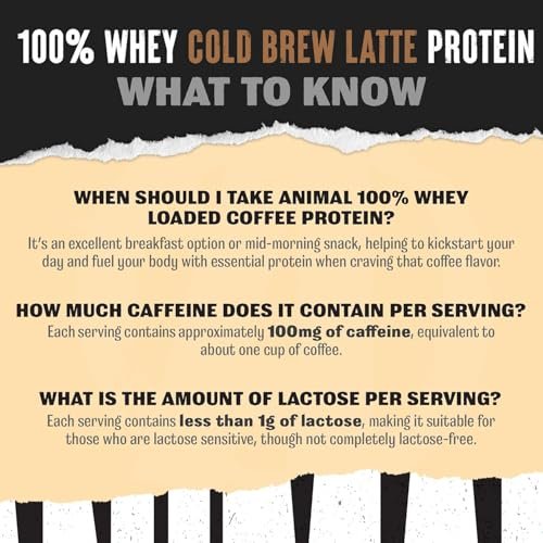 Animal 100% Whey Protein Proben & 25oz BPA-freier Shaker – Instant Eiskaffee Whey mit 20g Protein, 120mg Koffein, Mahlzeitenersatz mit BCAA – Cold Brew Latte, 3 Einzelportionen