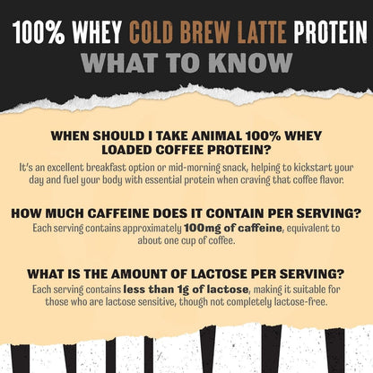 Animal 100% Whey Protein Proben & 25oz BPA-freier Shaker – Instant Eiskaffee Whey mit 20g Protein, 120mg Koffein, Mahlzeitenersatz mit BCAA – Cold Brew Latte, 3 Einzelportionen