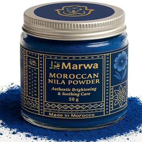 Dar Marwa Marokkanisches Nila-Pulver – 100 % reines Saharan-Indigo für Gesichts-, Körper- & Haarmasken | Hellt auf, peelt & gleicht Hautton aus | Handgemachtes Hammam-Ritual | Vegan, entgiftend | 1,7 Unzen (50 g)