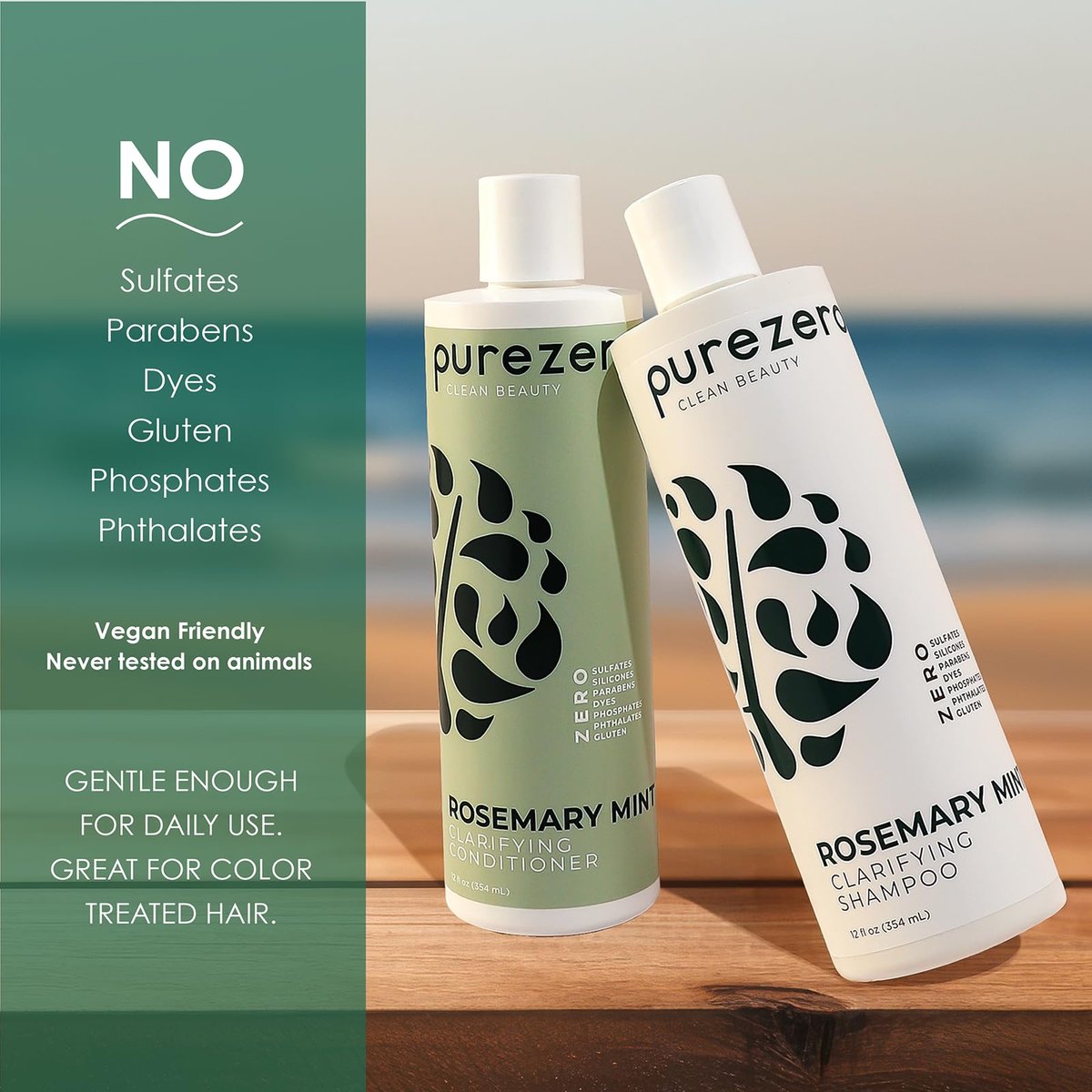 Purezero Rosmarin Minze Klärendes Shampoo & Conditioner Set – Silikonfreies, veganes Duo für ausgewogene Kopfhaut, Rückstandsentfernung & frisches Minz-Finish – Sulfatfrei, Parabenfrei, Tierversuchsfrei, 2×12 oz