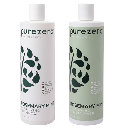 Purezero Rosmarin Minze Klärendes Shampoo & Conditioner Set – Silikonfreies, veganes Duo für ausgewogene Kopfhaut, Rückstandsentfernung & frisches Minz-Finish – Sulfatfrei, Parabenfrei, Tierversuchsfrei, 2×12 oz