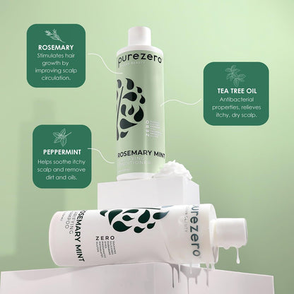 Purezero Rosmarin Minze Klärendes Shampoo & Conditioner Set – Silikonfreies, veganes Duo für ausgewogene Kopfhaut, Rückstandsentfernung & frisches Minz-Finish – Sulfatfrei, Parabenfrei, Tierversuchsfrei, 2×12 oz