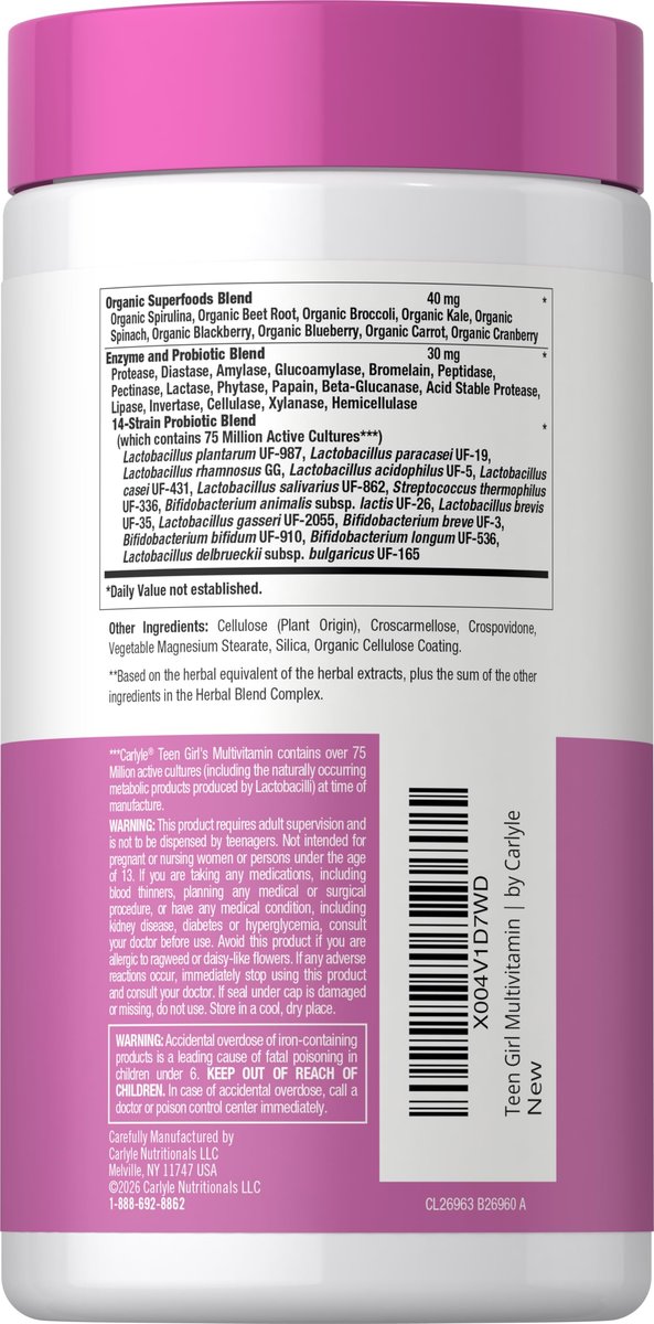 Carlyle Teen Multivitamin für Mädchen | 60 Kapseln | Einmal täglich | Leicht verdaulich mit Probiotika & Enzymen | Mit Eisen | Non-GMO, Glutenfrei