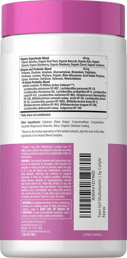 Carlyle Teen Multivitamin für Mädchen | 60 Kapseln | Einmal täglich | Leicht verdaulich mit Probiotika & Enzymen | Mit Eisen | Non-GMO, Glutenfrei