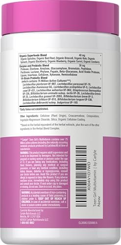 Carlyle Teen Multivitamin für Mädchen | 60 Kapseln | Einmal täglich | Leicht verdaulich mit Probiotika & Enzymen | Mit Eisen | Non-GMO, Glutenfrei