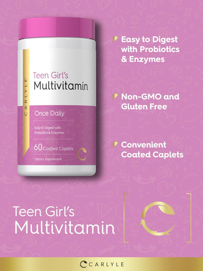 Carlyle Teen Multivitamin für Mädchen | 60 Kapseln | Einmal täglich | Leicht verdaulich mit Probiotika & Enzymen | Mit Eisen | Non-GMO, Glutenfrei
