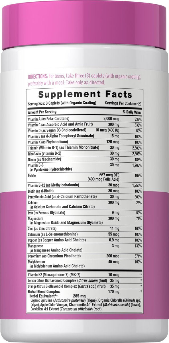 Carlyle Teen Multivitamin für Mädchen | 60 Kapseln | Einmal täglich | Leicht verdaulich mit Probiotika & Enzymen | Mit Eisen | Non-GMO, Glutenfrei