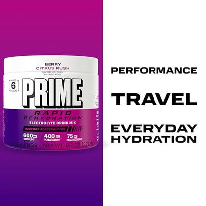 Prime Rapid Rehydration Elektrolyt-Pulver, Berry Citrus Rush, Zuckerfreies Hydrationsgetränk mit Natrium, Kalium, Magnesium & B-Vitaminen, Koffeinfrei, 6 Gallonen Behälter, 48 Portionen