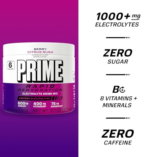 Prime Rapid Rehydration Elektrolyt-Pulver, Berry Citrus Rush, Zuckerfreies Hydrationsgetränk mit Natrium, Kalium, Magnesium & B-Vitaminen, Koffeinfrei, 6 Gallonen Behälter, 48 Portionen