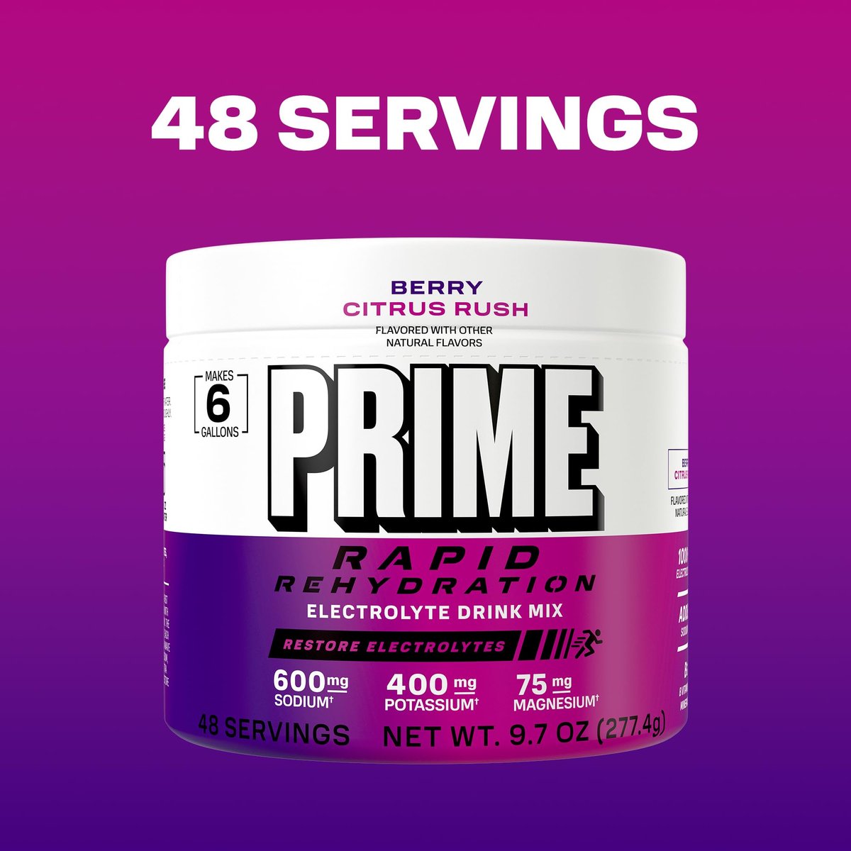 Prime Rapid Rehydration Elektrolyt-Pulver, Berry Citrus Rush, Zuckerfreies Hydrationsgetränk mit Natrium, Kalium, Magnesium & B-Vitaminen, Koffeinfrei, 6 Gallonen Behälter, 48 Portionen