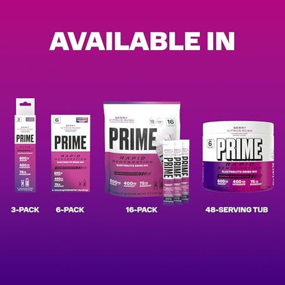 Prime Rapid Rehydration Elektrolyt-Pulver, Berry Citrus Rush, Zuckerfreies Hydrationsgetränk mit Natrium, Kalium, Magnesium & B-Vitaminen, Koffeinfrei, 6 Gallonen Behälter, 48 Portionen