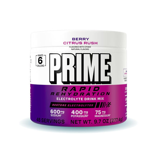 Prime Rapid Rehydration Elektrolyt-Pulver, Berry Citrus Rush, Zuckerfreies Hydrationsgetränk mit Natrium, Kalium, Magnesium & B-Vitaminen, Koffeinfrei, 6 Gallonen Behälter, 48 Portionen