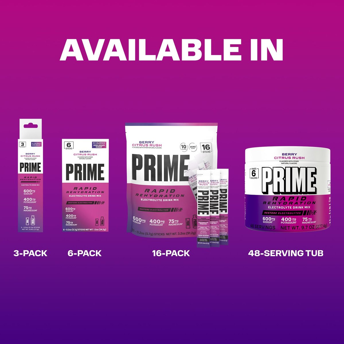 Prime Rapid Rehydration Elektrolyt-Pulver, Berry Citrus Rush, Zuckerfreies Hydrationsgetränk mit Natrium, Kalium, Magnesium & B-Vitaminen, Koffeinfrei, 6 Gallonen Behälter, 48 Portionen