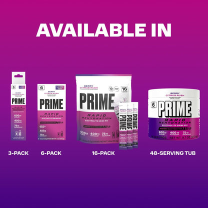 Prime Rapid Rehydration Elektrolyt-Pulver, Berry Citrus Rush, Zuckerfreies Hydrationsgetränk mit Natrium, Kalium, Magnesium & B-Vitaminen, Koffeinfrei, 6 Gallonen Behälter, 48 Portionen