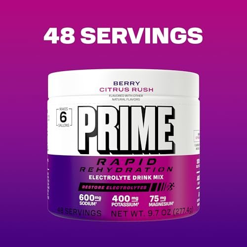 Prime Rapid Rehydration Elektrolyt-Pulver, Berry Citrus Rush, Zuckerfreies Hydrationsgetränk mit Natrium, Kalium, Magnesium & B-Vitaminen, Koffeinfrei, 6 Gallonen Behälter, 48 Portionen