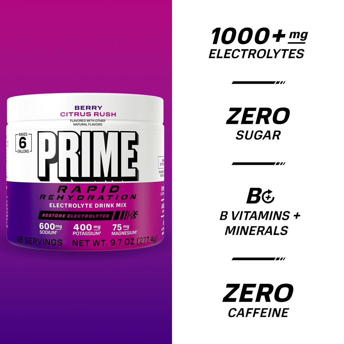 Prime Rapid Rehydration Elektrolyt-Pulver, Berry Citrus Rush, Zuckerfreies Hydrationsgetränk mit Natrium, Kalium, Magnesium & B-Vitaminen, Koffeinfrei, 6 Gallonen Behälter, 48 Portionen