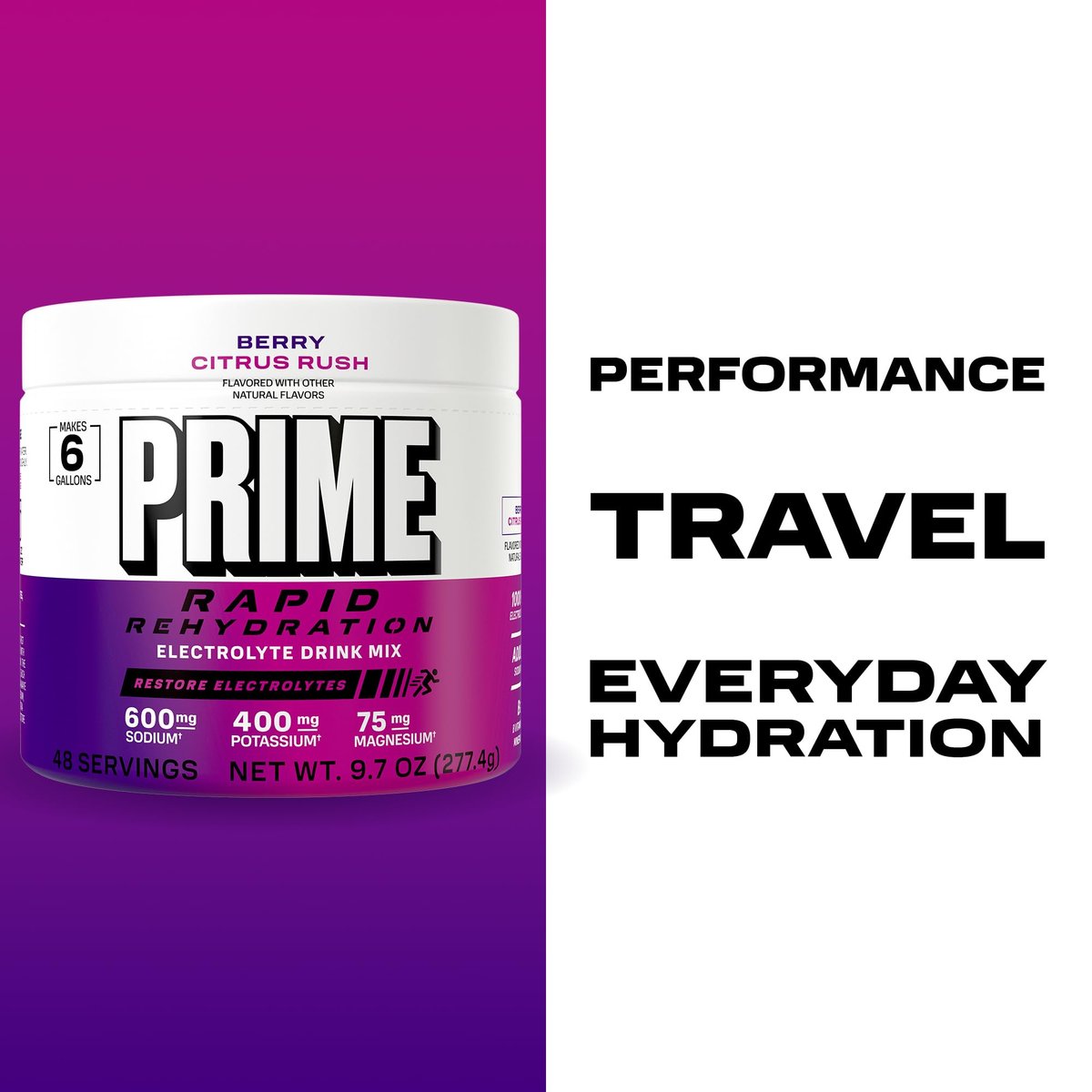 Prime Rapid Rehydration Elektrolyt-Pulver, Berry Citrus Rush, Zuckerfreies Hydrationsgetränk mit Natrium, Kalium, Magnesium & B-Vitaminen, Koffeinfrei, 6 Gallonen Behälter, 48 Portionen