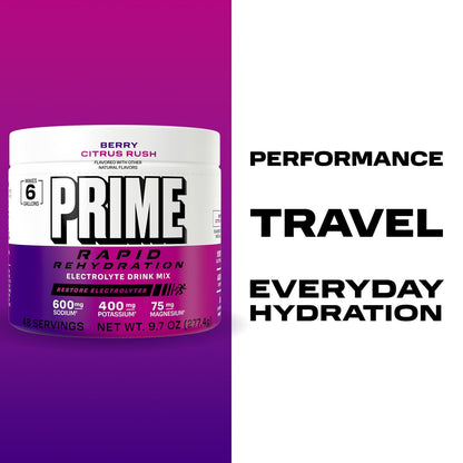 Prime Rapid Rehydration Elektrolyt-Pulver, Berry Citrus Rush, Zuckerfreies Hydrationsgetränk mit Natrium, Kalium, Magnesium & B-Vitaminen, Koffeinfrei, 6 Gallonen Behälter, 48 Portionen