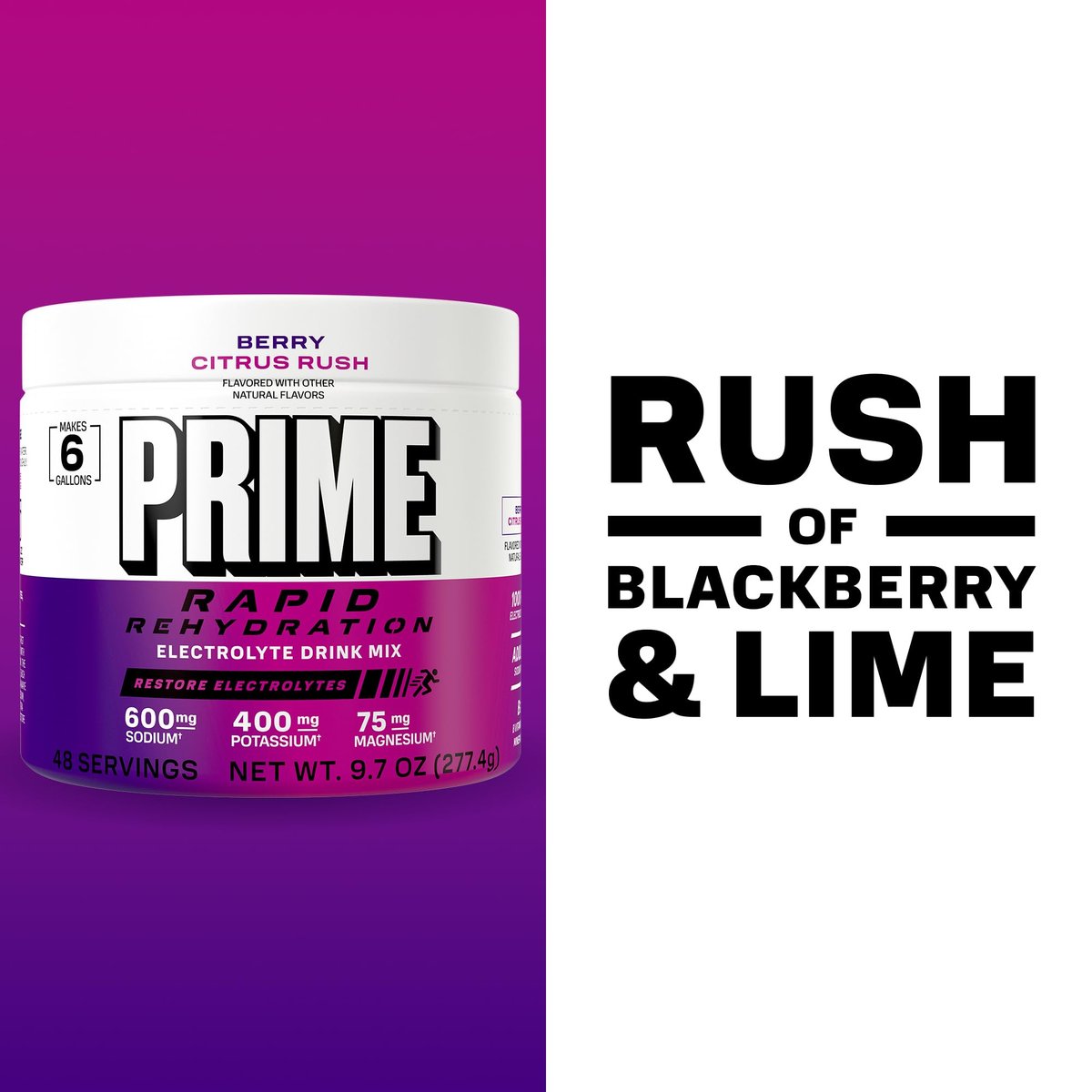 Prime Rapid Rehydration Elektrolyt-Pulver, Berry Citrus Rush, Zuckerfreies Hydrationsgetränk mit Natrium, Kalium, Magnesium & B-Vitaminen, Koffeinfrei, 6 Gallonen Behälter, 48 Portionen