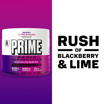 Prime Rapid Rehydration Elektrolyt-Pulver, Berry Citrus Rush, Zuckerfreies Hydrationsgetränk mit Natrium, Kalium, Magnesium & B-Vitaminen, Koffeinfrei, 6 Gallonen Behälter, 48 Portionen