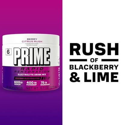 Prime Rapid Rehydration Elektrolyt-Pulver, Berry Citrus Rush, Zuckerfreies Hydrationsgetränk mit Natrium, Kalium, Magnesium & B-Vitaminen, Koffeinfrei, 6 Gallonen Behälter, 48 Portionen