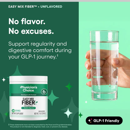 Physician's CHOICE Easy Mix Fiber für GLP-1 Unterstützung - Ohne Körnung & Zuckerfrei - Tägliches präbiotisches lösliches Ballaststoffpulver - Verdauungsgesundheit & Regelmäßigkeit - für Frauen und Männer - Ungeschmackvoll - 7,1 Unzen