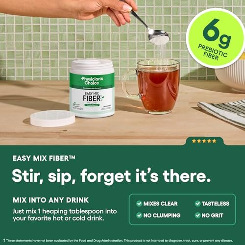 Physician's CHOICE Easy Mix Fiber für GLP-1 Unterstützung - Ohne Körnung & Zuckerfrei - Tägliches präbiotisches lösliches Ballaststoffpulver - Verdauungsgesundheit & Regelmäßigkeit - für Frauen und Männer - Ungeschmackvoll - 7,1 Unzen