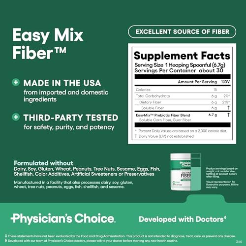 Physician's CHOICE Easy Mix Fiber für GLP-1 Unterstützung - Ohne Körnung & Zuckerfrei - Tägliches präbiotisches lösliches Ballaststoffpulver - Verdauungsgesundheit & Regelmäßigkeit - für Frauen und Männer - Ungeschmackvoll - 7,1 Unzen