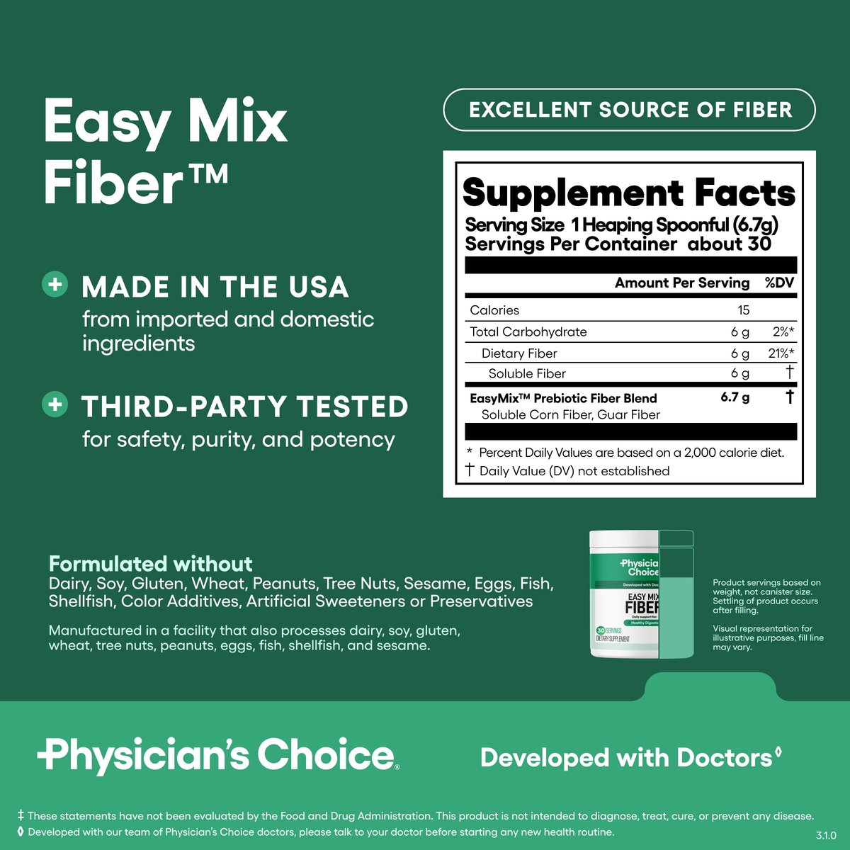 Physician's CHOICE Easy Mix Fiber für GLP-1 Unterstützung - Ohne Körnung & Zuckerfrei - Tägliches präbiotisches lösliches Ballaststoffpulver - Verdauungsgesundheit & Regelmäßigkeit - für Frauen und Männer - Ungeschmackvoll - 7,1 Unzen