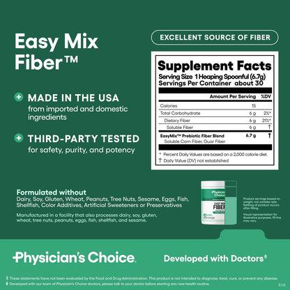 Physician's CHOICE Easy Mix Fiber für GLP-1 Unterstützung - Ohne Körnung & Zuckerfrei - Tägliches präbiotisches lösliches Ballaststoffpulver - Verdauungsgesundheit & Regelmäßigkeit - für Frauen und Männer - Ungeschmackvoll - 7,1 Unzen