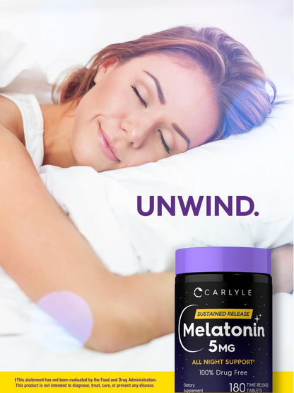 Carlyle Melatonin 5mg | 180 Tabletten mit verzögerter Freisetzung | Nahrungsergänzungsmittel für durchgehenden Schlaf | Vegan, Non-GMO, glutenfrei