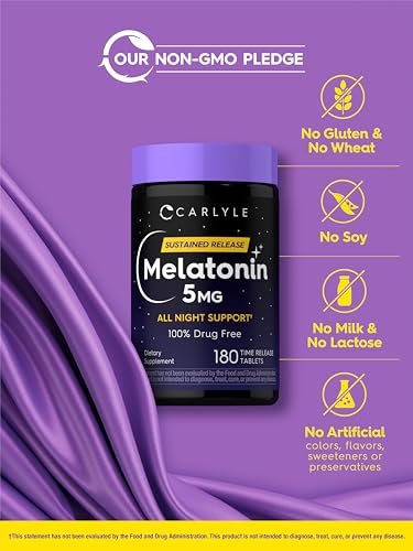 Carlyle Melatonin 5mg | 180 Tabletten mit verzögerter Freisetzung | Nahrungsergänzungsmittel für durchgehenden Schlaf | Vegan, Non-GMO, glutenfrei