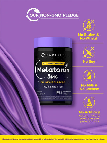 Carlyle Melatonin 5mg | 180 Tabletten mit verzögerter Freisetzung | Nahrungsergänzungsmittel für durchgehenden Schlaf | Vegan, Non-GMO, glutenfrei