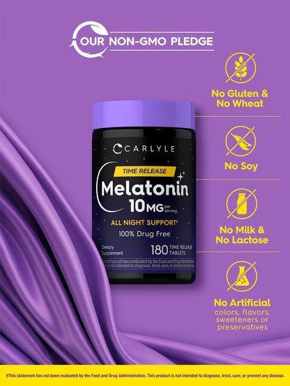 Carlyle Melatonin 10 mg | 180 Tabletten mit verlängerter Wirkstofffreisetzung | Unterstützung für die ganze Nacht | mit Vitamin B6 | 100 % arzneimittelfreies Nahrungsergänzungsmittel | Vegan, Non-GMO, Glutenfrei