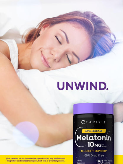 Carlyle Melatonin 10 mg | 180 Tabletten mit verlängerter Wirkstofffreisetzung | Unterstützung für die ganze Nacht | mit Vitamin B6 | 100 % arzneimittelfreies Nahrungsergänzungsmittel | Vegan, Non-GMO, Glutenfrei