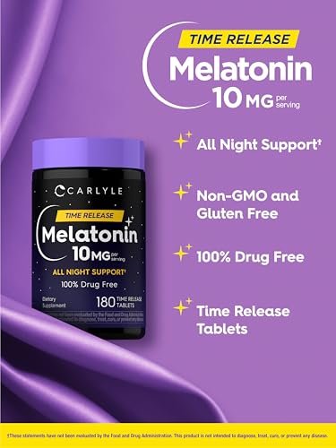 Carlyle Melatonin 10 mg | 180 Tabletten mit verlängerter Wirkstofffreisetzung | Unterstützung für die ganze Nacht | mit Vitamin B6 | 100 % arzneimittelfreies Nahrungsergänzungsmittel | Vegan, Non-GMO, Glutenfrei