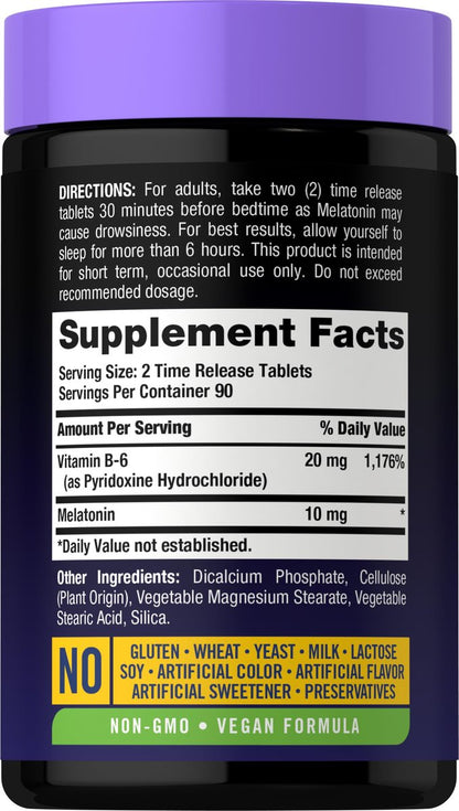 Carlyle Melatonin 10 mg | 180 Tabletten mit verlängerter Wirkstofffreisetzung | Unterstützung für die ganze Nacht | mit Vitamin B6 | 100 % arzneimittelfreies Nahrungsergänzungsmittel | Vegan, Non-GMO, Glutenfrei