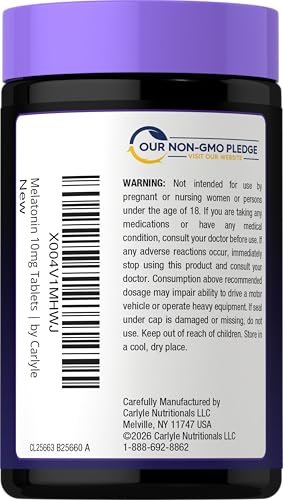 Carlyle Melatonin 10 mg | 180 Tabletten mit verlängerter Wirkstofffreisetzung | Unterstützung für die ganze Nacht | mit Vitamin B6 | 100 % arzneimittelfreies Nahrungsergänzungsmittel | Vegan, Non-GMO, Glutenfrei