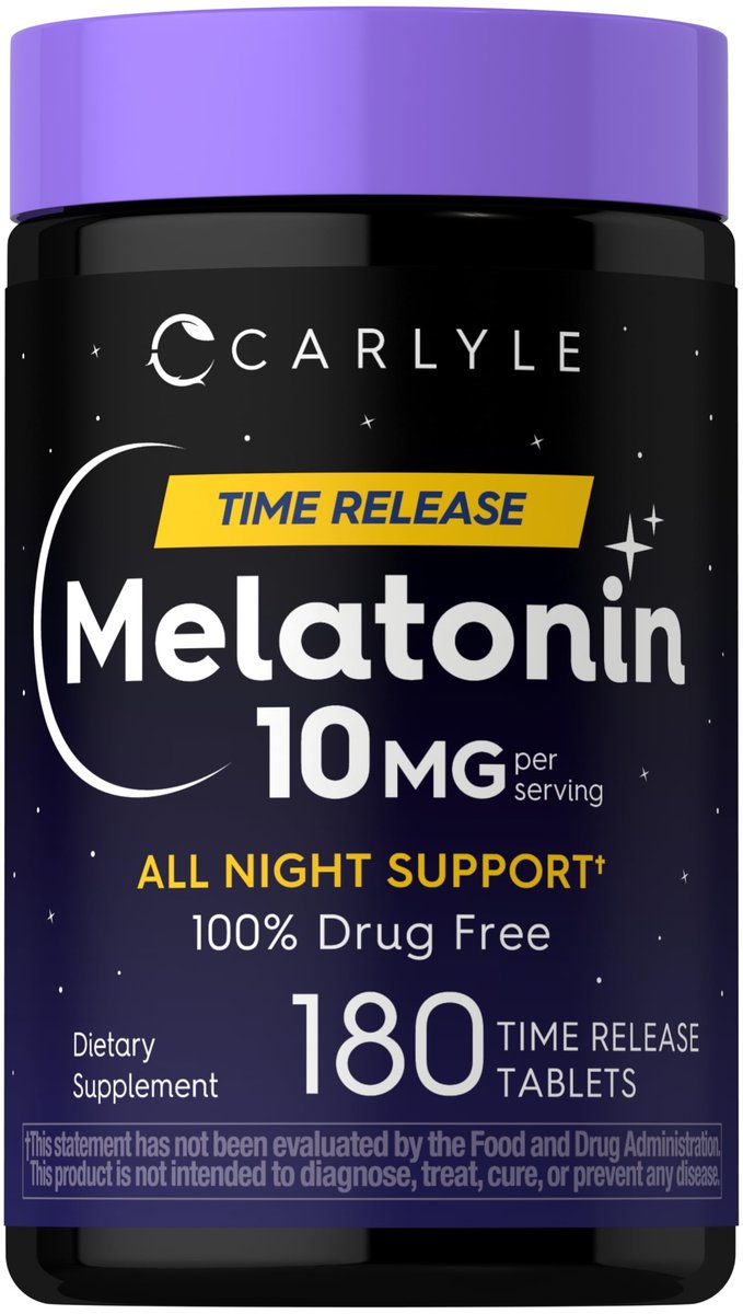 Carlyle Melatonin 10 mg | 180 Tabletten mit verlängerter Wirkstofffreisetzung | Unterstützung für die ganze Nacht | mit Vitamin B6 | 100 % arzneimittelfreies Nahrungsergänzungsmittel | Vegan, Non-GMO, Glutenfrei