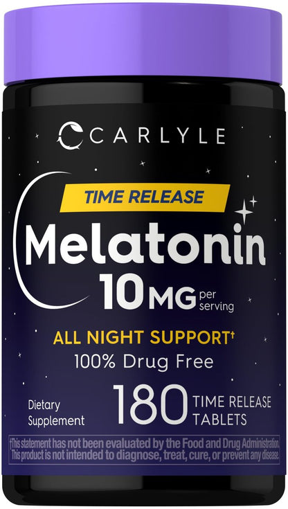 Carlyle Melatonin 10 mg | 180 Tabletten mit verlängerter Wirkstofffreisetzung | Unterstützung für die ganze Nacht | mit Vitamin B6 | 100 % arzneimittelfreies Nahrungsergänzungsmittel | Vegan, Non-GMO, Glutenfrei