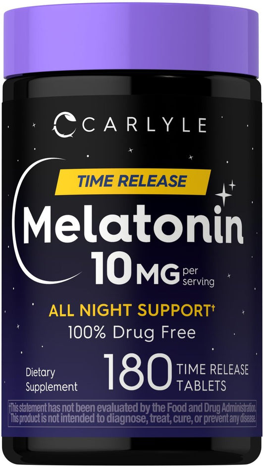 Carlyle Melatonin 10 mg | 180 Tabletten mit verlängerter Wirkstofffreisetzung | Unterstützung für die ganze Nacht | mit Vitamin B6 | 100 % arzneimittelfreies Nahrungsergänzungsmittel | Vegan, Non-GMO, Glutenfrei